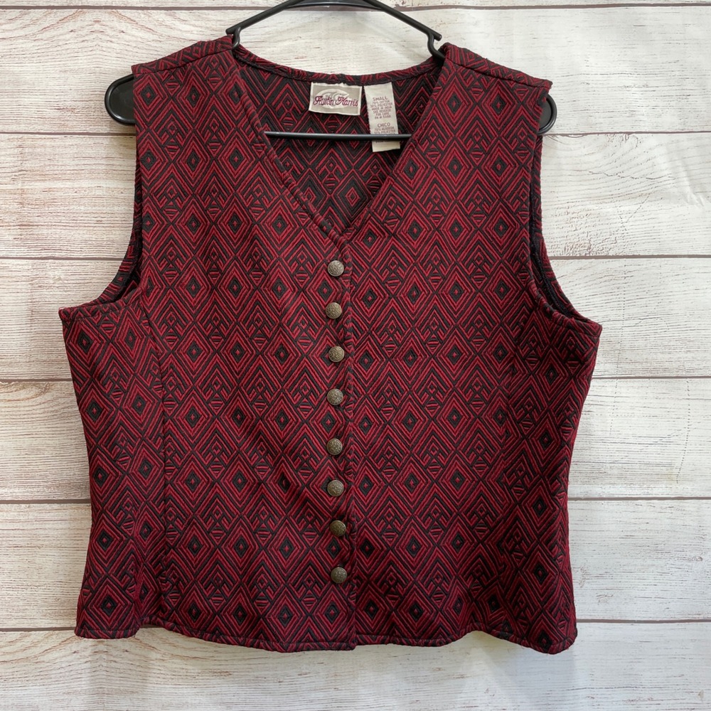 EXCELLENT CONDITION VINTAGE AUSTIN HARRIS VEST‎ IN BLACK AND RED PRINT